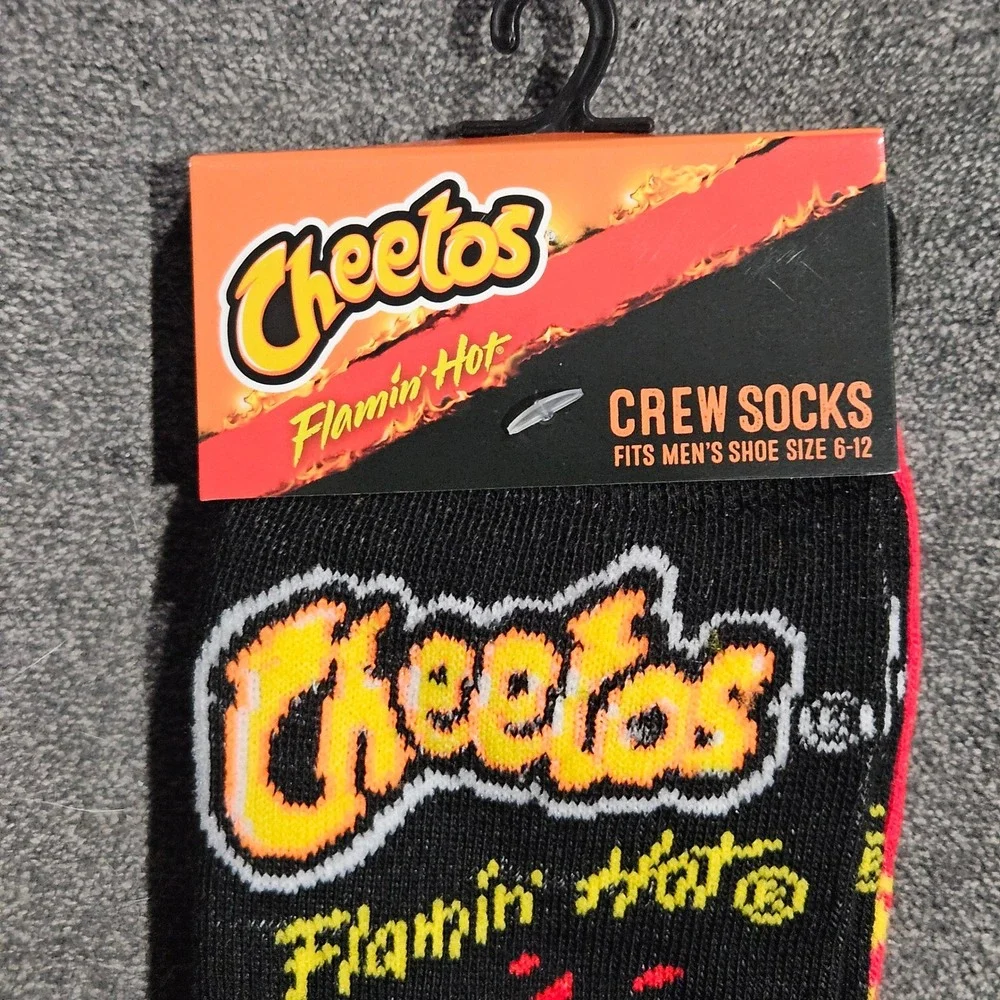 Cheetos Flamin Hot Mens Crew Socks Black Red Flame Logo Shoe Size 6-12 New